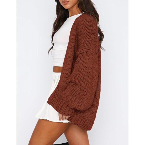 Womens Trendy Cardigan Sweaters Brown Red Long Sleeve Chunky Knit Outfits - Picture 3 of 8